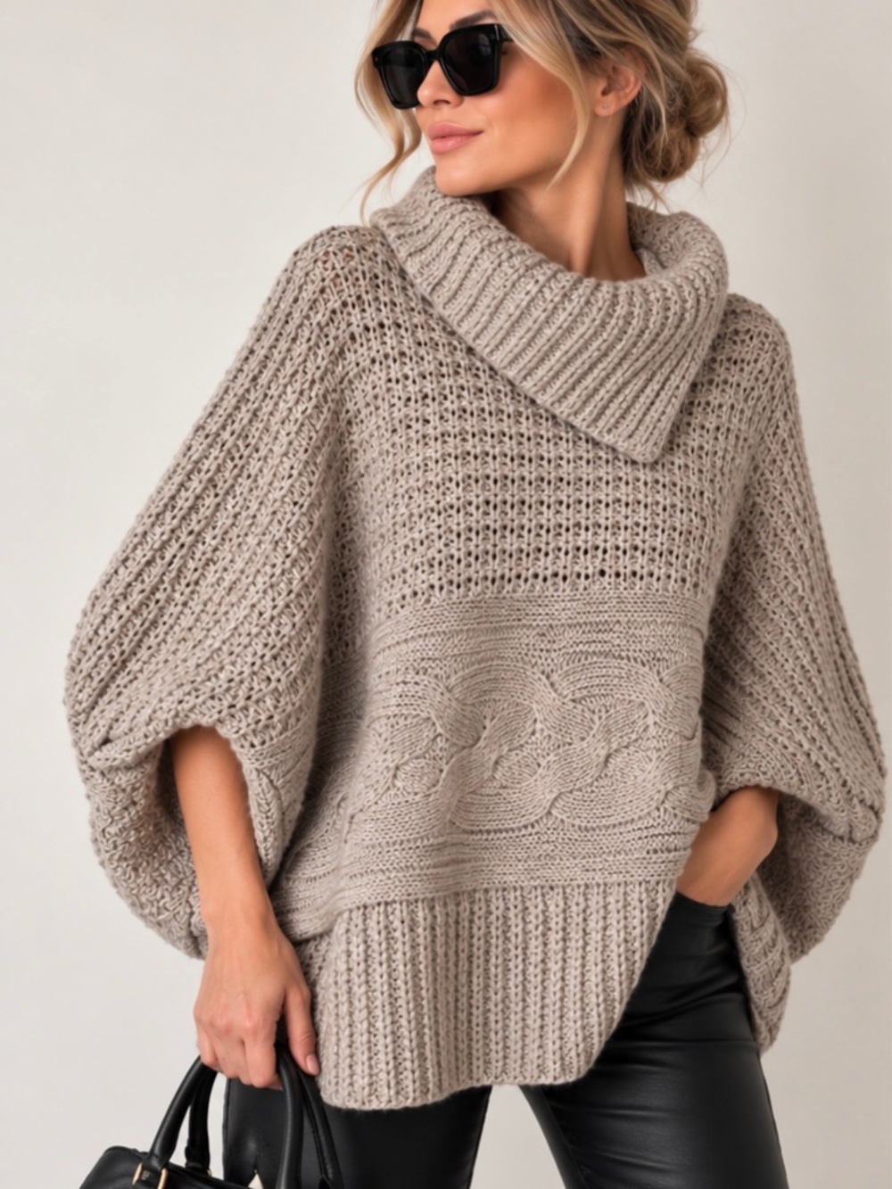 Made in Italy Women’s L/XL Beige Cable Knit Batwing Sweater Cowl Neck